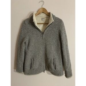 LL Bean Classic Women's Ragg Wool Sweater Sherpa Lined Zip Grey Size M 503315